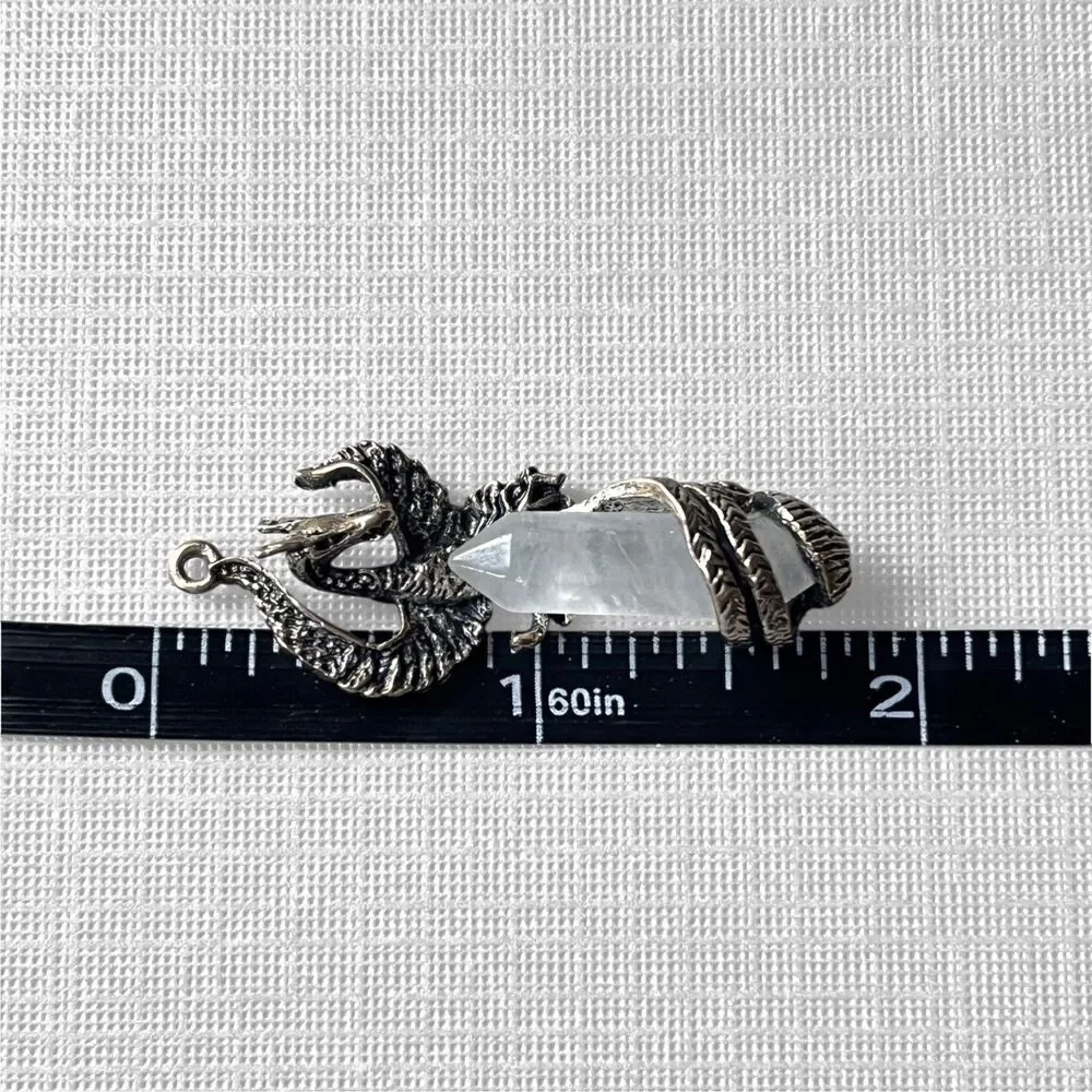 Dragon Quartz Crystal Pendant Medieval Fantasy Magic Silver Tone Unisex Men
